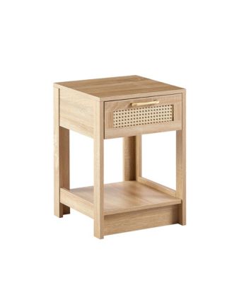 Modern Rattan End Table with Drawer Nightstand Side Table