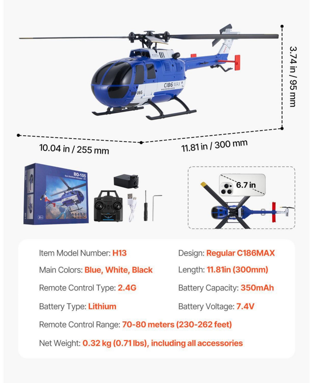 Mecale Rc Helicopter, 2.4GHz 4-Propeller 4-Channel with Gyro, Led Light, One-Key Takeoff/Landing, Plane Toy for Kids 8+