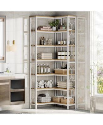 Corner Shelf, 7-Tier Industrial Corner Bookshelf, Wood and Metal Corner Etagere Bookcase, White