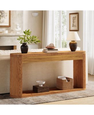 63 Inch Fluted Console Table for Entryway, Narrow Wood Sofa Table Behind Couch