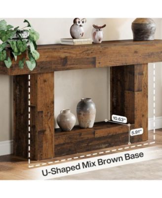 63" Console Table, Farmhouse 2-Tier Entryway Table with U-Shaped Base, Mix Brown