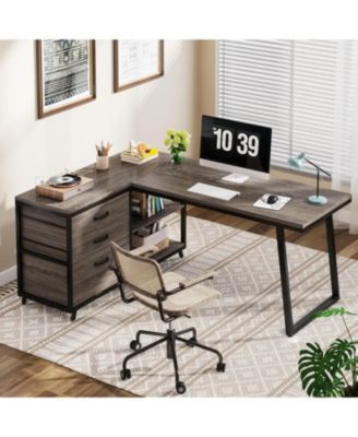L-Shaped Desk with 3 Drawers, Reversible Corner Home Office Computer Desk with Shelves