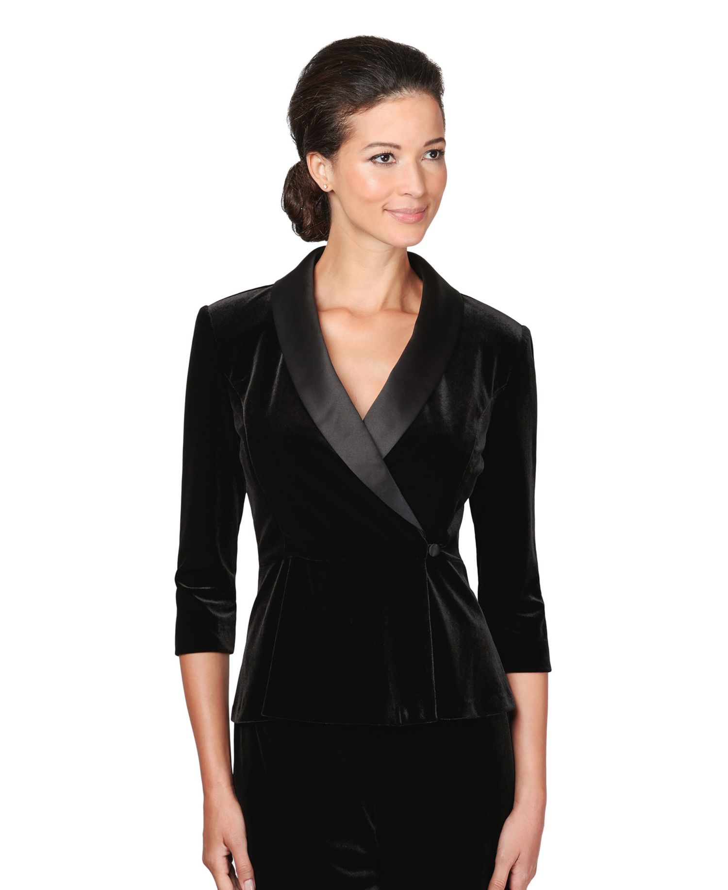 Women's Satin-Collar Velvet Peplum Top