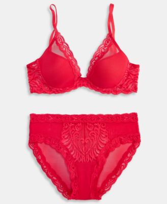  Women's Feathers Lace Contour Underwire Plunge Bra & Low-Rise Sheer Hipster Underwear