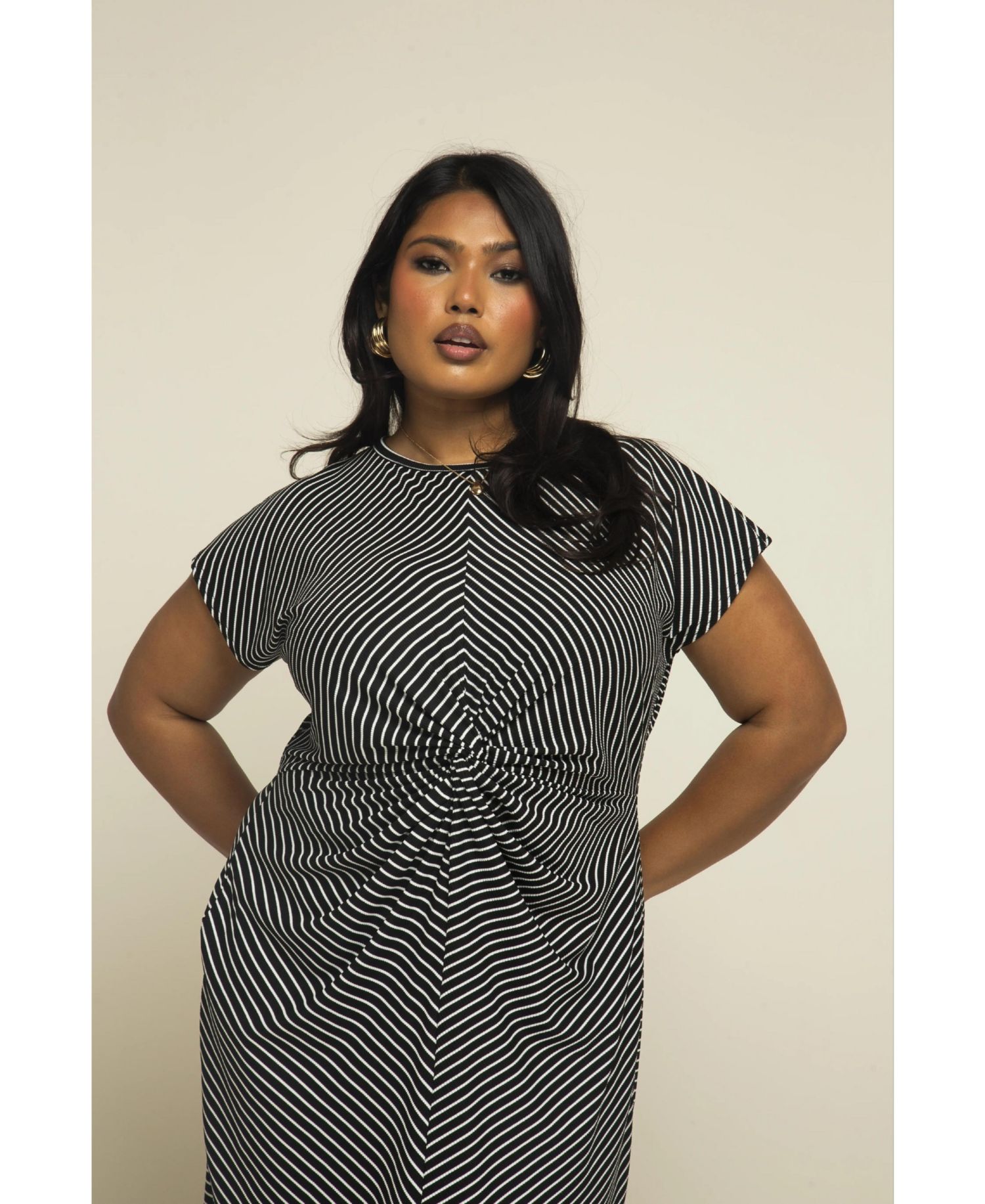 Women's Cinched Striped Print Midi Dress