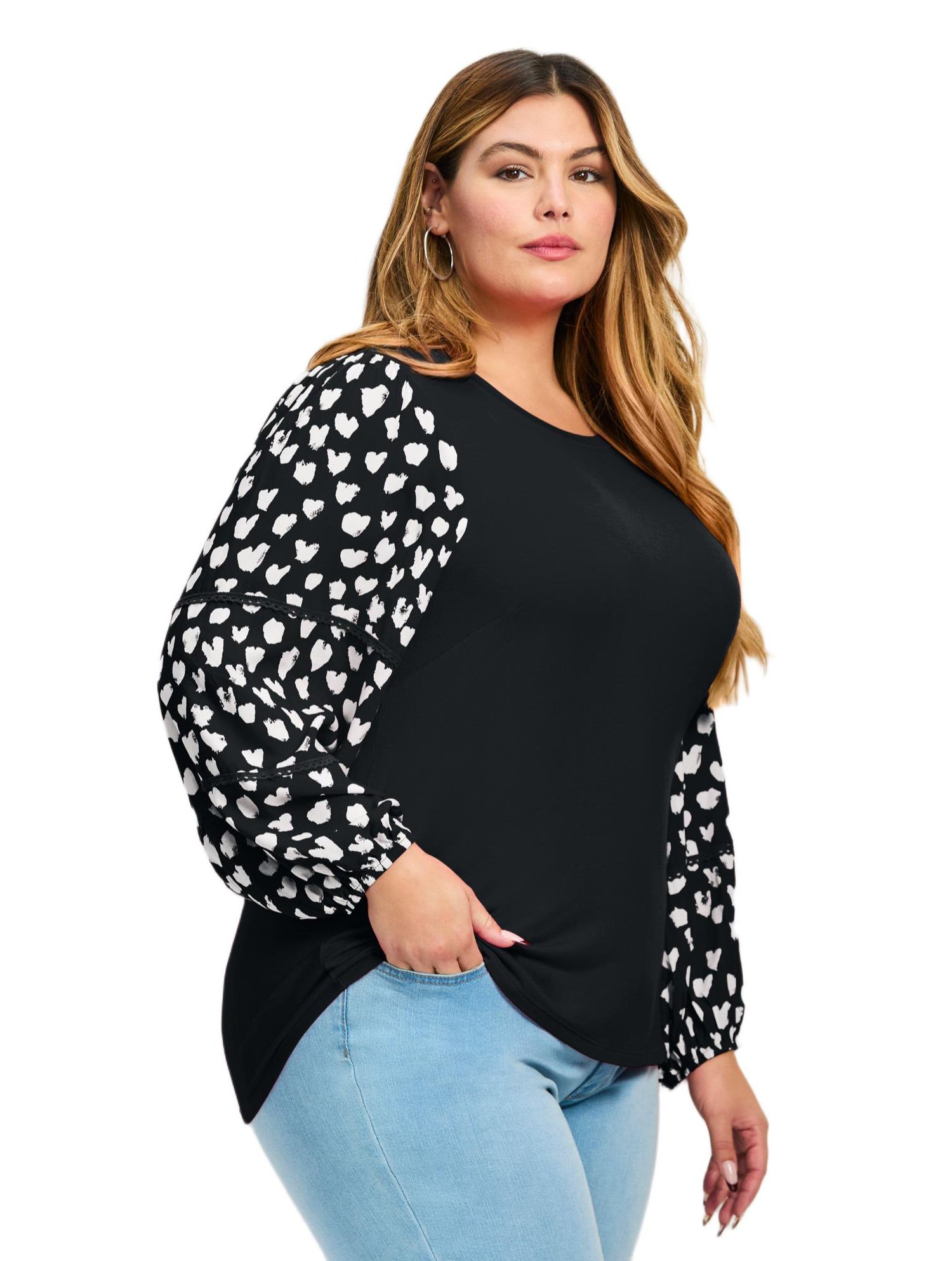 Women's Plus Size Mix Media Heart Sleeve Top