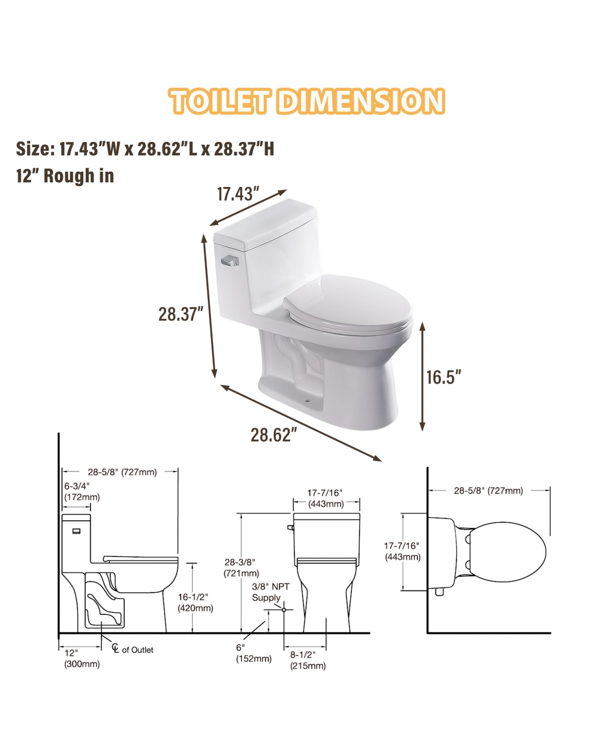 Casainc Ceramic One Piece Elongated Skirted Bathroom Fixture with Comfortable Seat Height and Soft-Closing Seat&Lid