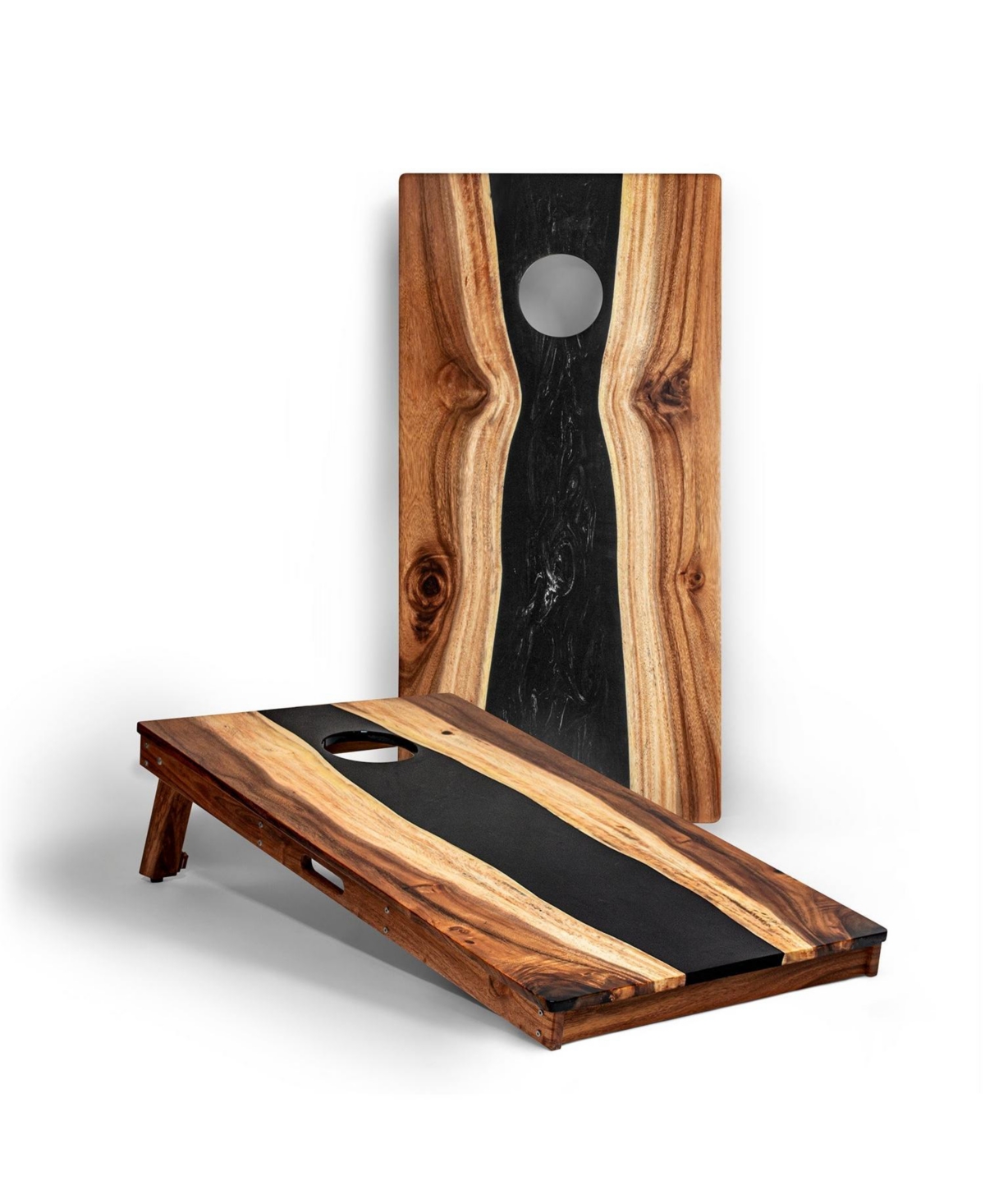 The River Epoxy Resin With Live Edge Acacia Pathfinder Art Cornhole Boards