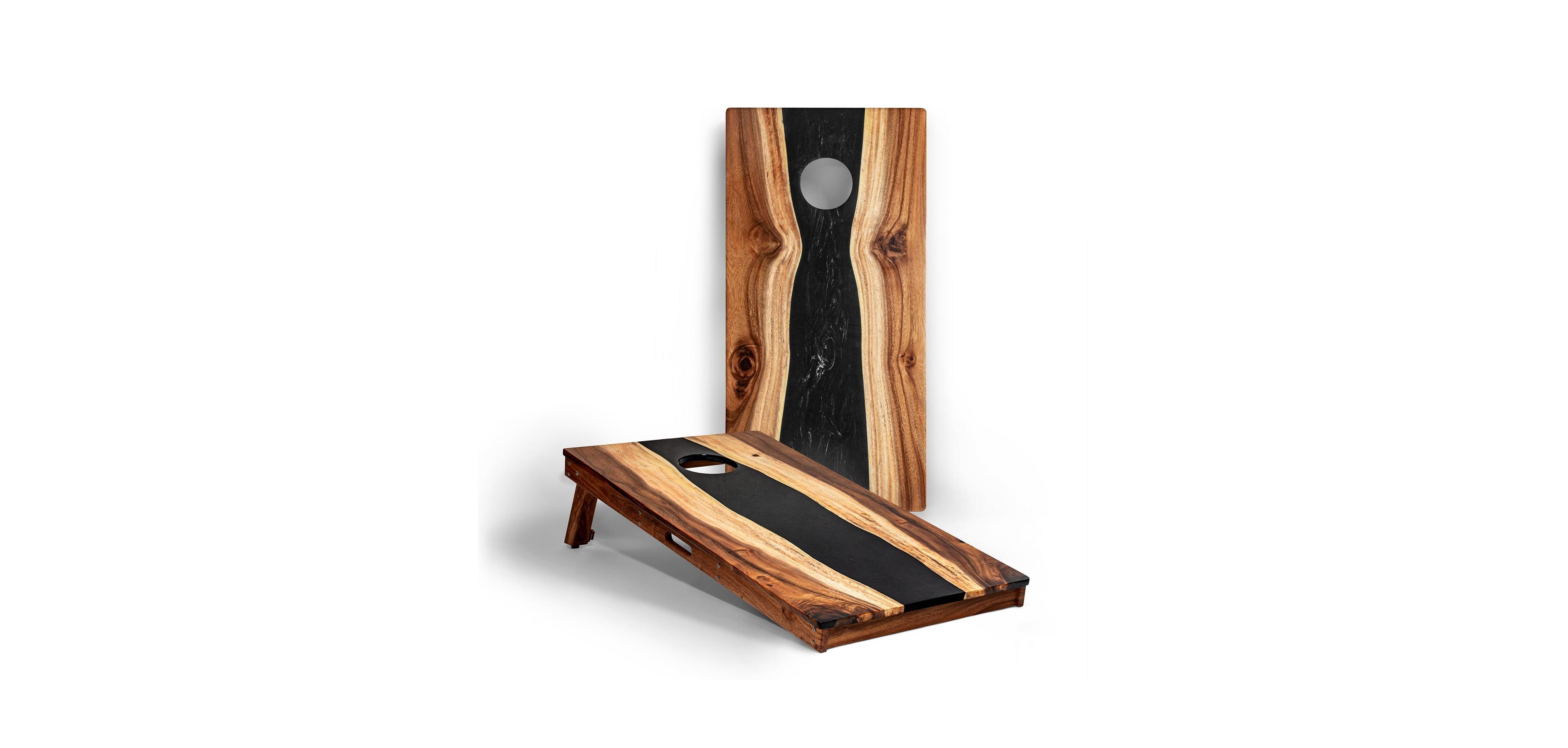 The River Epoxy Resin With Live Edge Acacia Pathfinder Art Cornhole Boards