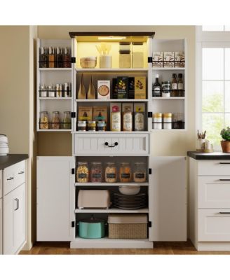 Farmhouse Kitchen Pantry Cabinet with Light, Storage Cabinet
