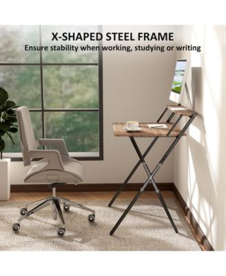 HOMCOM Small Folding Desk Foldable Computer Desk with Monitor Shelf