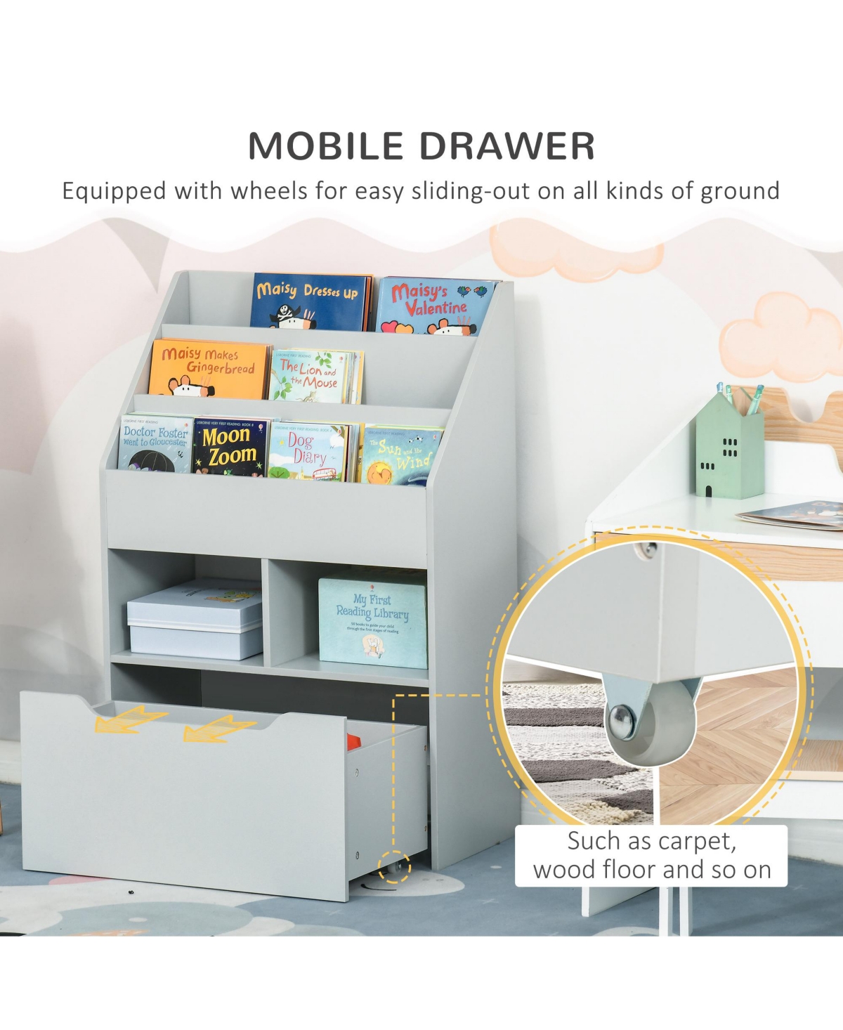 Homcom Kids Storage Bookcase Stand with Drawer for Toys & Books, Grey