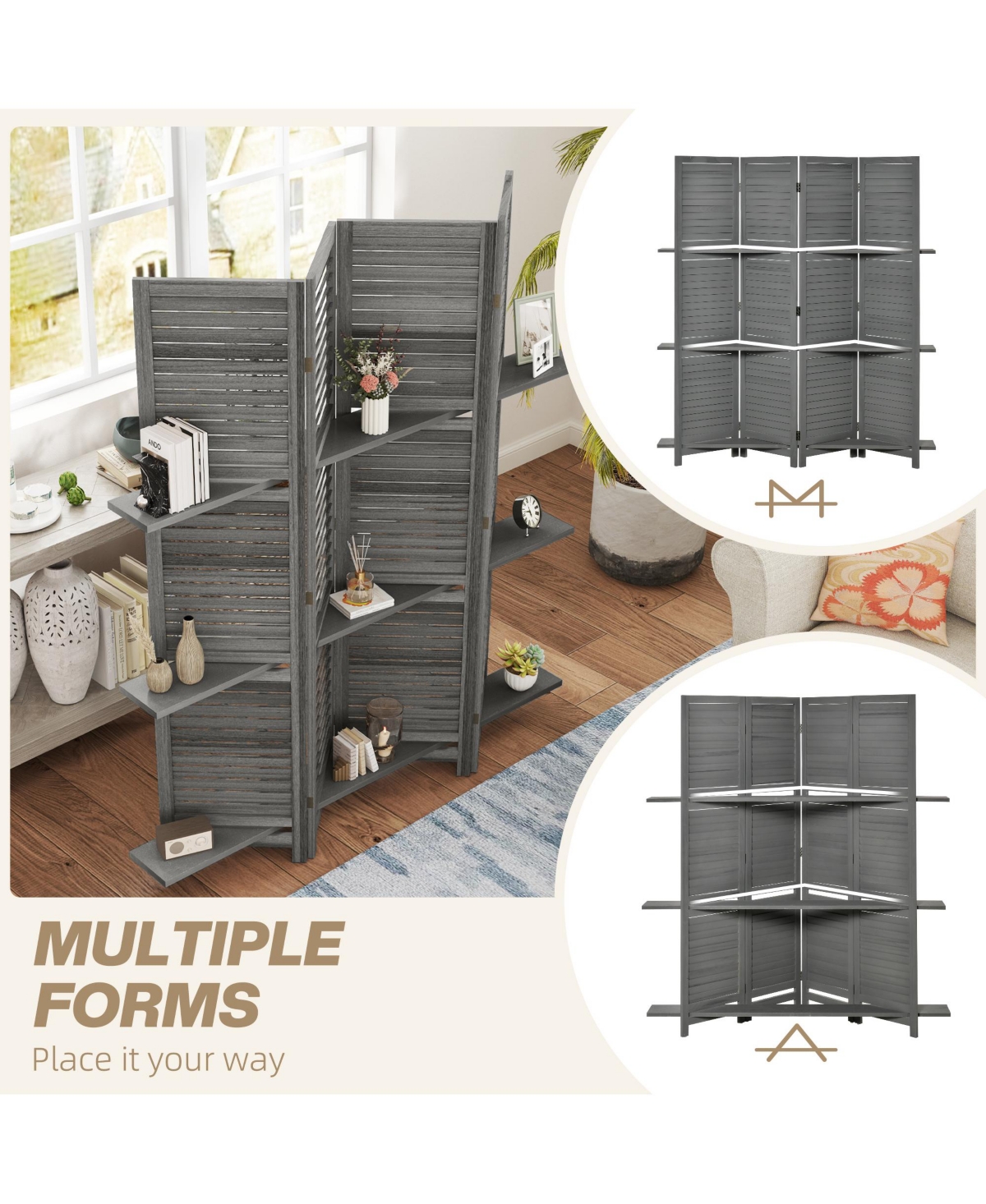 Homcom Blinds Style 4-Panel Folding Privacy Screen Room Divider 3 Shelves Wooden