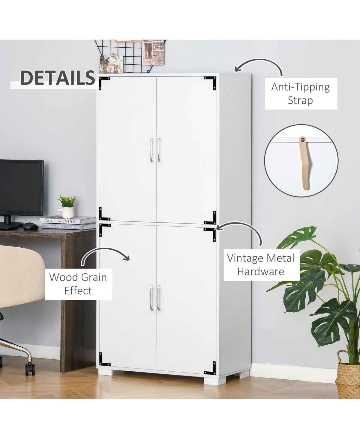 Homcom Industrial Style 4-Door Cabinet Pantry Cupboard with Storage Shelves for Bedroom and Living Room, White