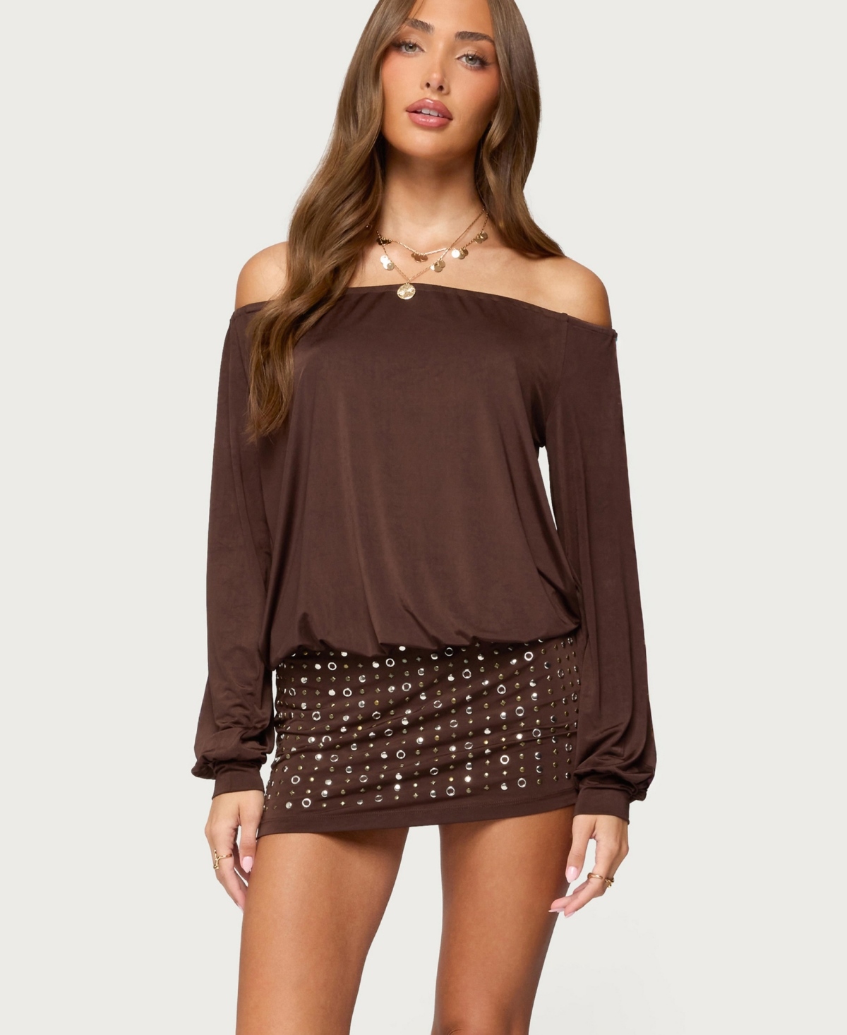 Edikted Women's Studded Off Shoulder Backless Romper