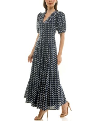 Women's Puff-Sleeve Eyelet Button-Front Dress