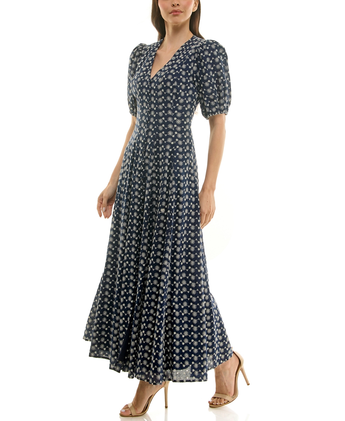 Taylor Women's Puff-Sleeve Eyelet Button-Front Dress