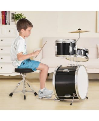 Kids Drum Set 3-Piece 14" Beginner Kit with Throne Pedal Sticks Black