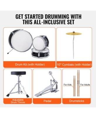 Kids Drum Set 3-Piece 14" Beginner Kit with Throne Pedal Sticks Black