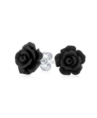 Romantic Bali-Inspired Plumeria Cuff Bracelet with Black Rose Floral Stud Earrings Jewelry Set Silver Plated