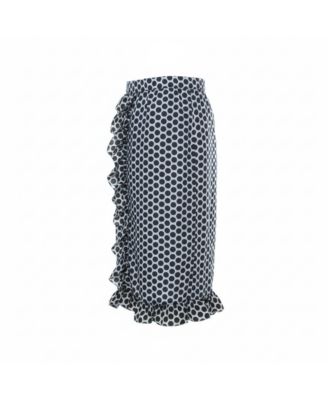 Women's Blue And White Polka Dot Printed Coated Silk Ruffle Detail Skirt