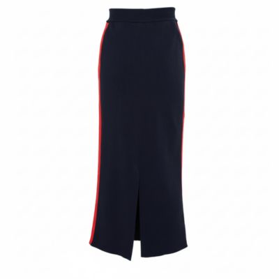 Women's Navy Blue Cotton Knit Contrast Stripe Panel Detail Midi Skirt