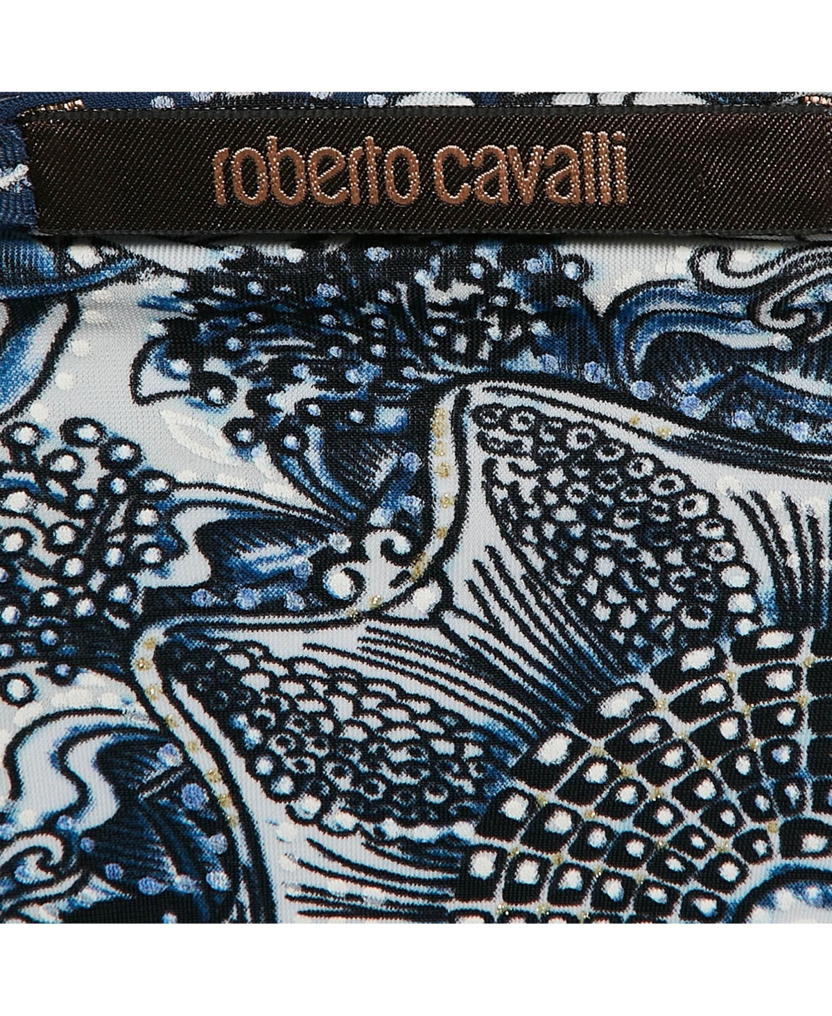 Pre-Owned Roberto Cavalli Women's Blue Printed Jersey Brooch Detail Midi Dress