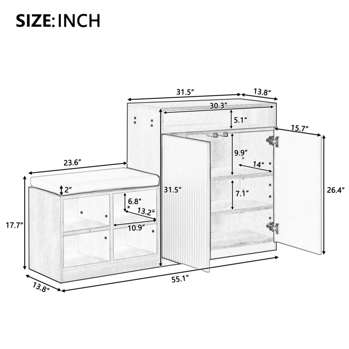 Streamdale Furniture Streamdale Livingroom Cabinet with Shoe Bench, 2 Doors, 3-Tier Shelves, Entryway Bench, 4 Shoe Racks