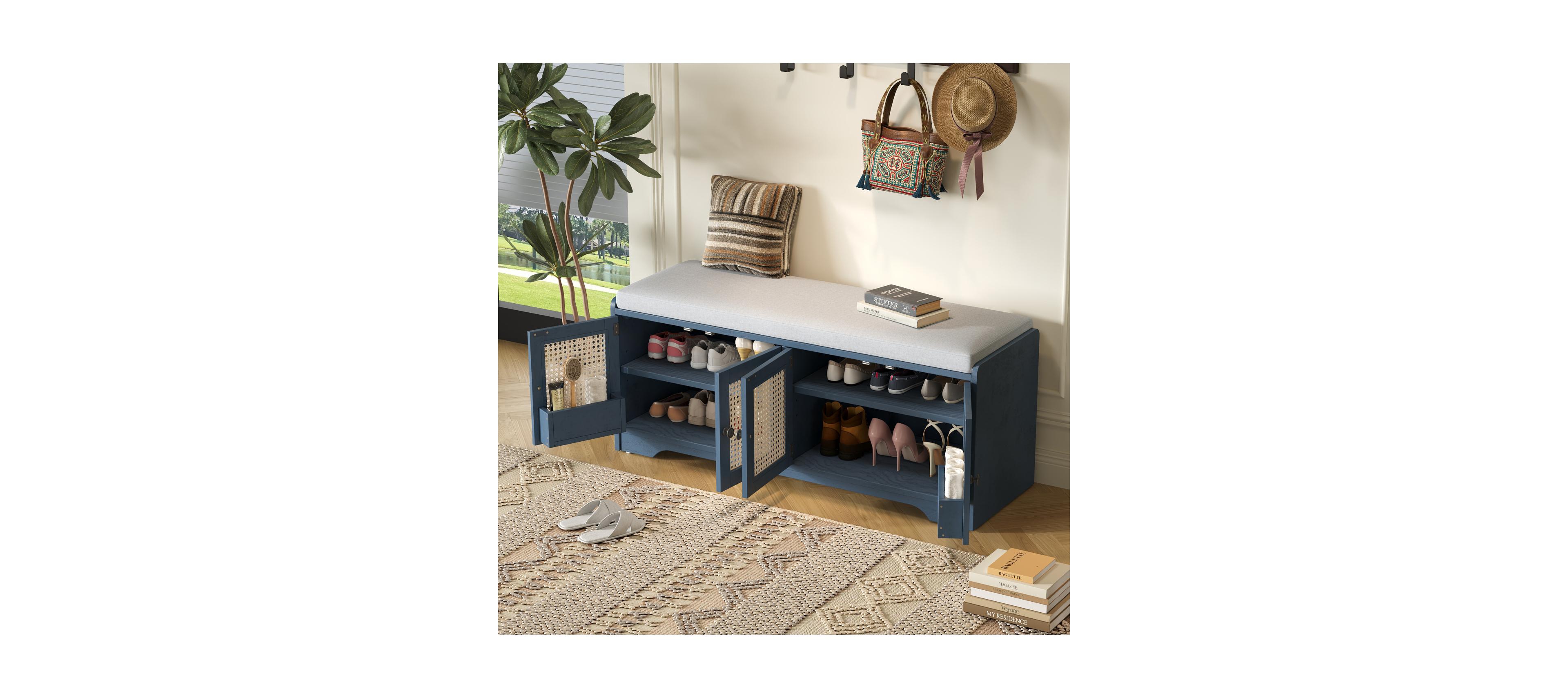 Streamdale Furniture Rustic Storage Bench with Cushion and Rattan Doors (Brown+Beige