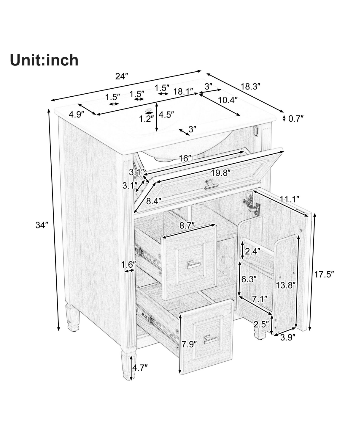 Clihome 24" Bathroom Vanity with Sink, Bathroom Vanity Cabinet with One Flip Drawer and Two Drawers, Adjustable Shelf, Solid Wood and Mdf