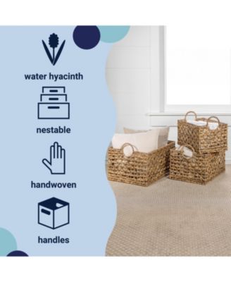 Quinn Bohemian Cottage Woven Hyacinth Rectangular Storage Baskets with Handles, Set of 3