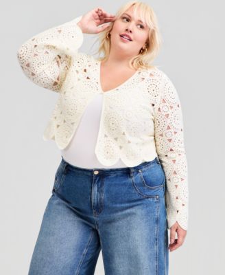 Trendy Plus Size Crochet Circle One-Button Cardigan