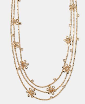 Gold-Tone Crystal Flower Layered Necklace, 16" + 3" extender