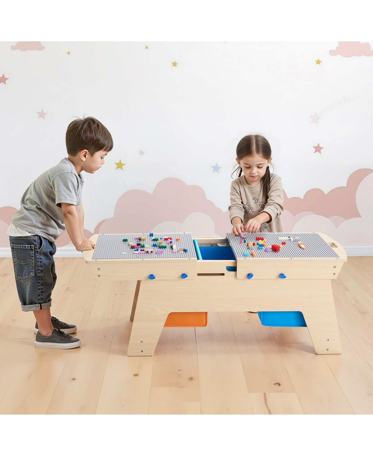 Multi-Activity Wooden Table with 200 Building Bricks & 3 Storage Bins
