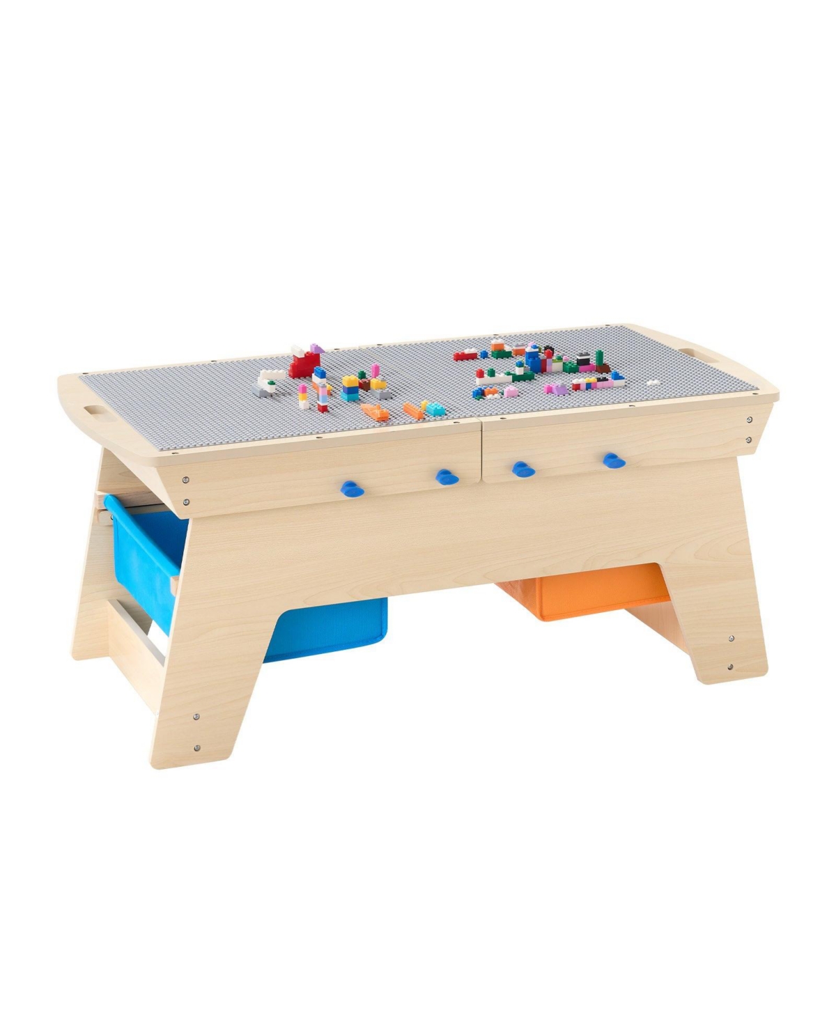 Multi-Activity Wooden Table with 200 Building Bricks & 3 Storage Bins
