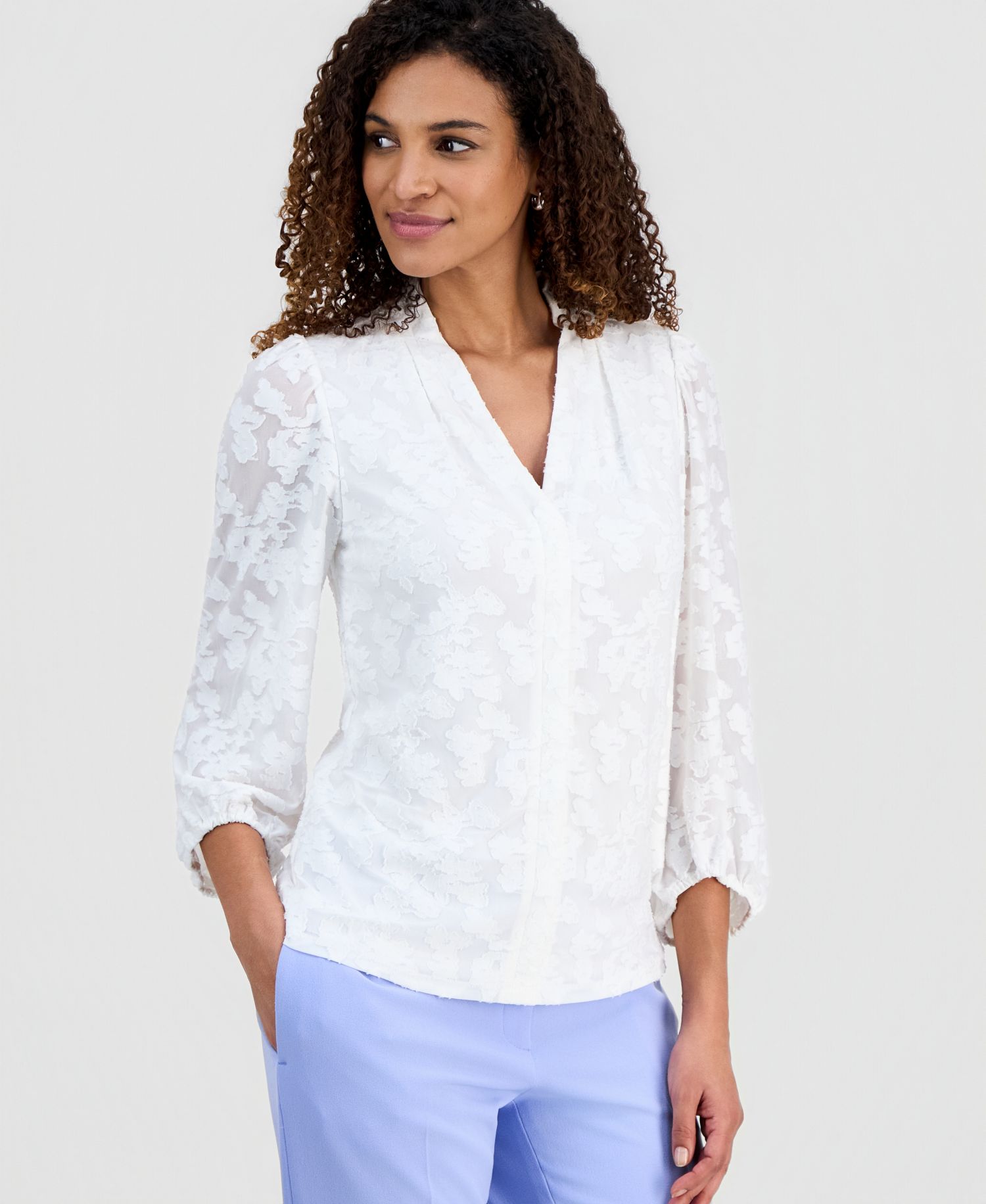 Women's Burnout Floral V-Neck Blouse with 3/4 Balloon Sleeves, Regular & Petite