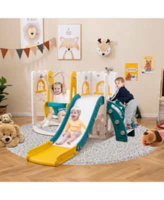 7 in 1 L Shaped Toddler Slide and Swing Set with Basketball Hoop Climber and Storage