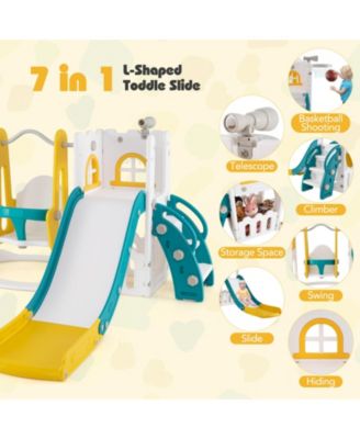 7 in 1 L Shaped Toddler Slide and Swing Set with Basketball Hoop Climber and Storage