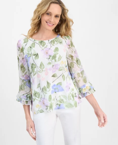 Women's Floral Print Flounce Sleeve Top, Regular & Petite - Lily White Multi