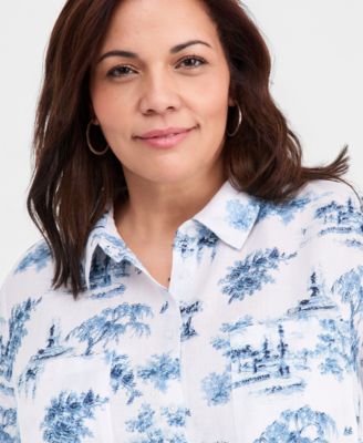 Plus Size 100% Linen Printed Roll-Tab Shirt
