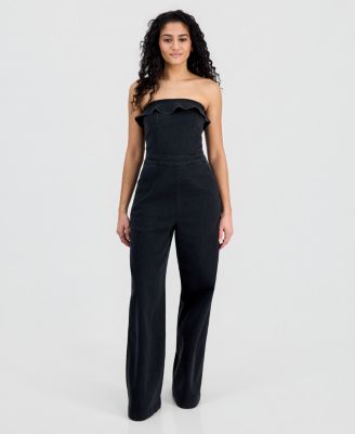 Juniors' Ruffled Strapless Wide-Leg Jumpsuit