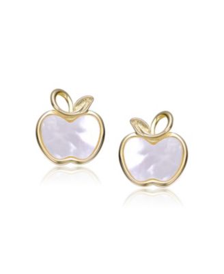 Sterling Silver 14K Gold Plated with White Mother-of-Pearl Apple Stud Earrings for Kids