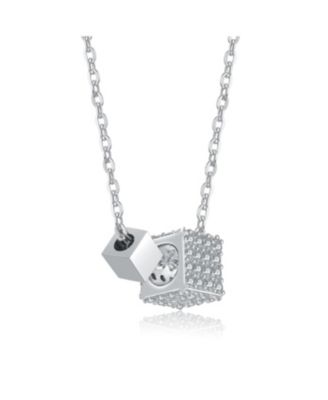 Sterling Silver White Gold Plated with Clear Cubic Zirconia Two-Square Pendant Necklace