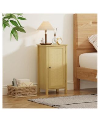Bamboo Storage Cabinet with Woven Rattan Door, 2-Tier Space-Saving Freestanding Organizer, Natural Finish Nightstand/Side Table, Natural Color