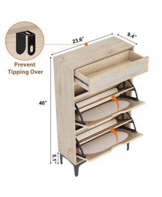 Shoe Cabinet, Rattan Shoe Storage With 2 Flip Drawer and 1 Pull-Out Drawer, Heavy Duty Metal Leg