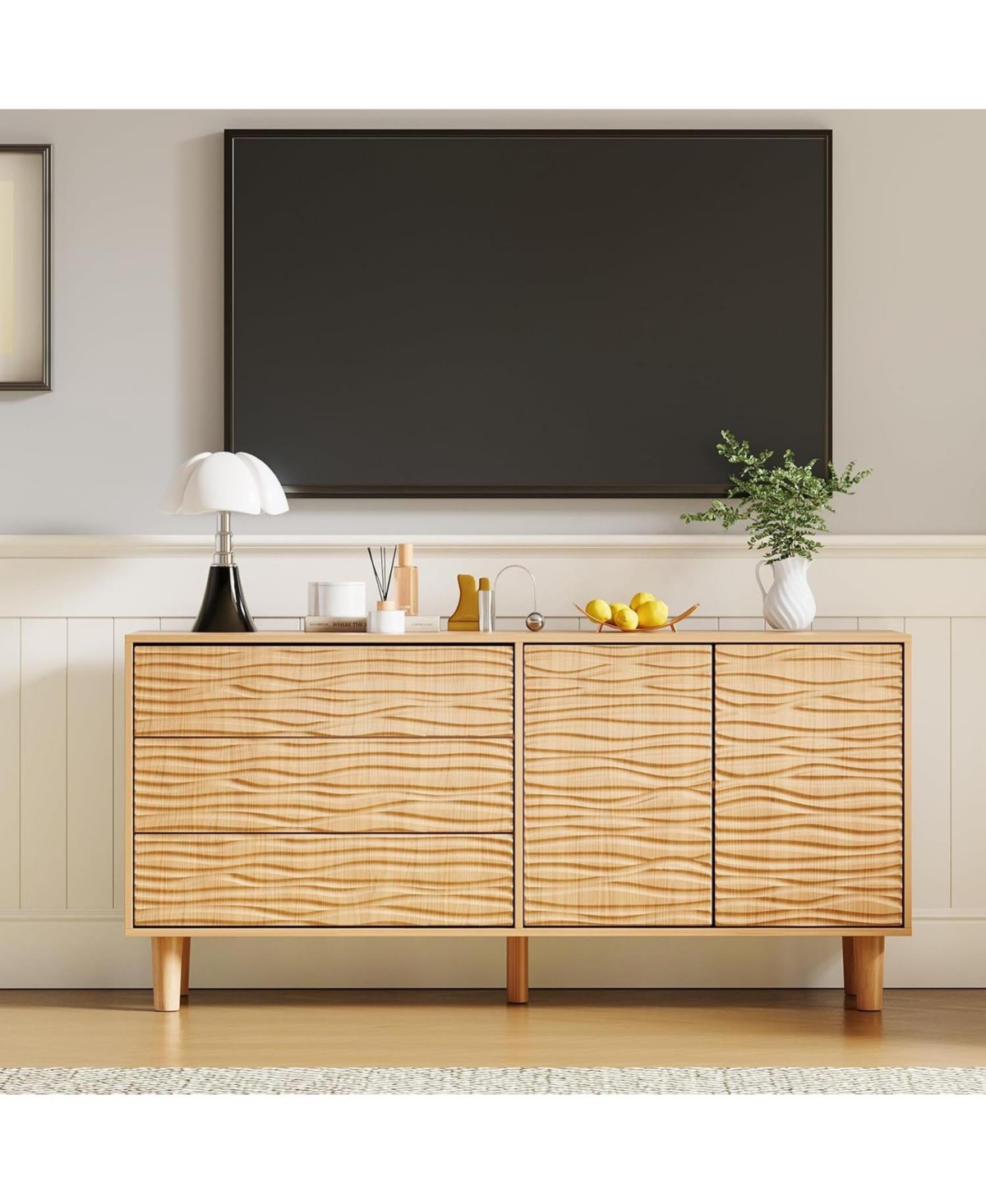 Gaomon Modern Sideboard Buffet Cabinet with Undulating Fluted Design, 61 in Wood Kitchen Storage Cabinet with 3 Drawers & 2 Door, Accent Console Table