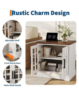 Farmhouse Nightstand with Charging Station, 24-Inch End Table with Tempered Glass Doors & Adjustable Shelf, Rustic Wood Sofa Side Table