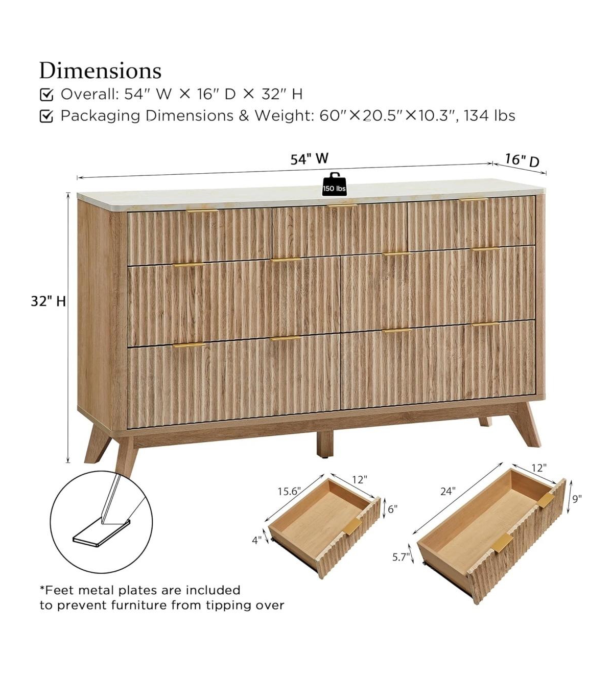 gaomon 54" Wide Modern Fluted 7-Drawer Wood Dresser with Faux Marble Top, Tv Stand and Drawer Organizer