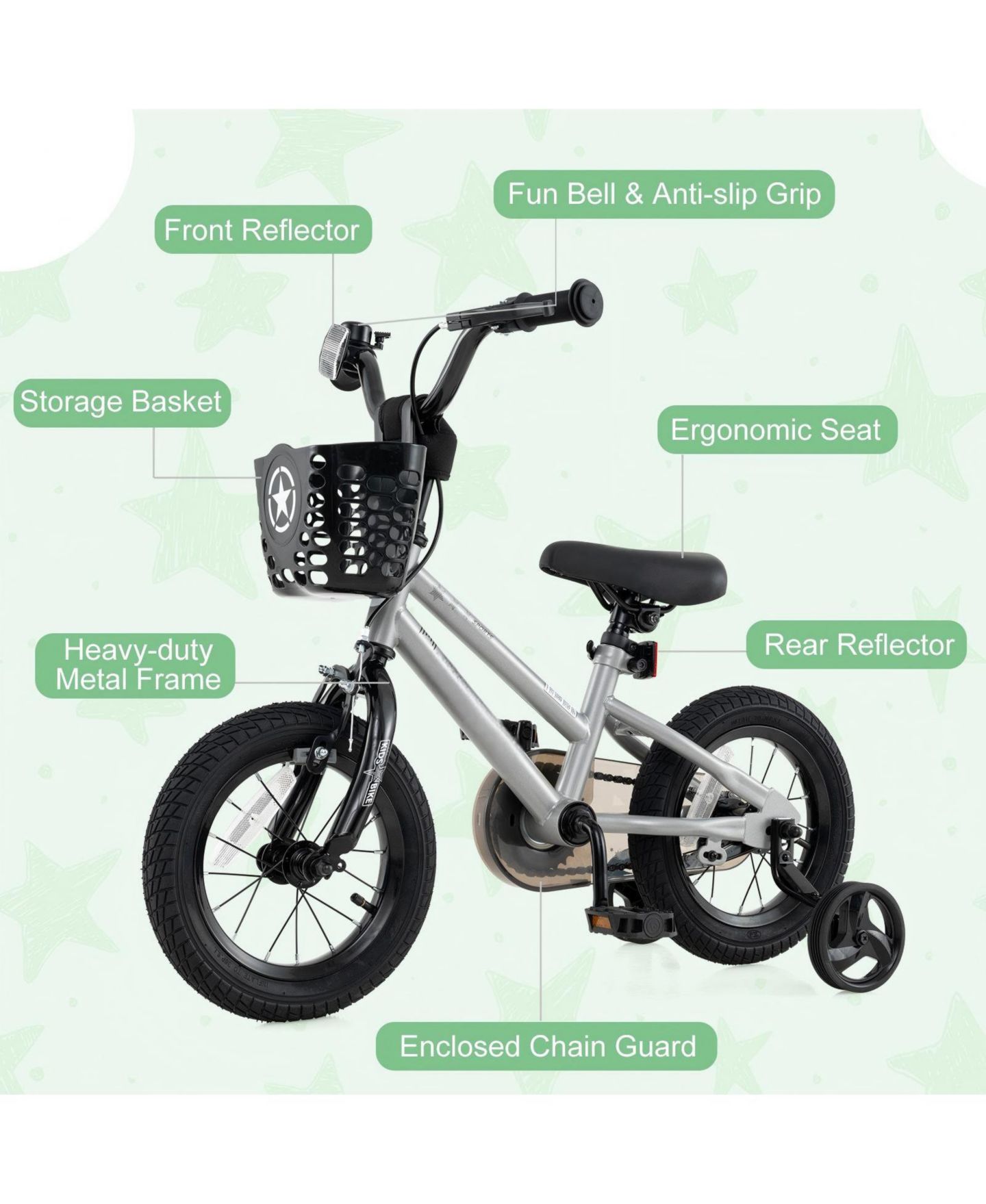 Детская игрушка HONGGE Metal Adjustable Dual-Brake Training Bike with Front Basket, Ages 4-8, цвет: Серебряный — фото 10