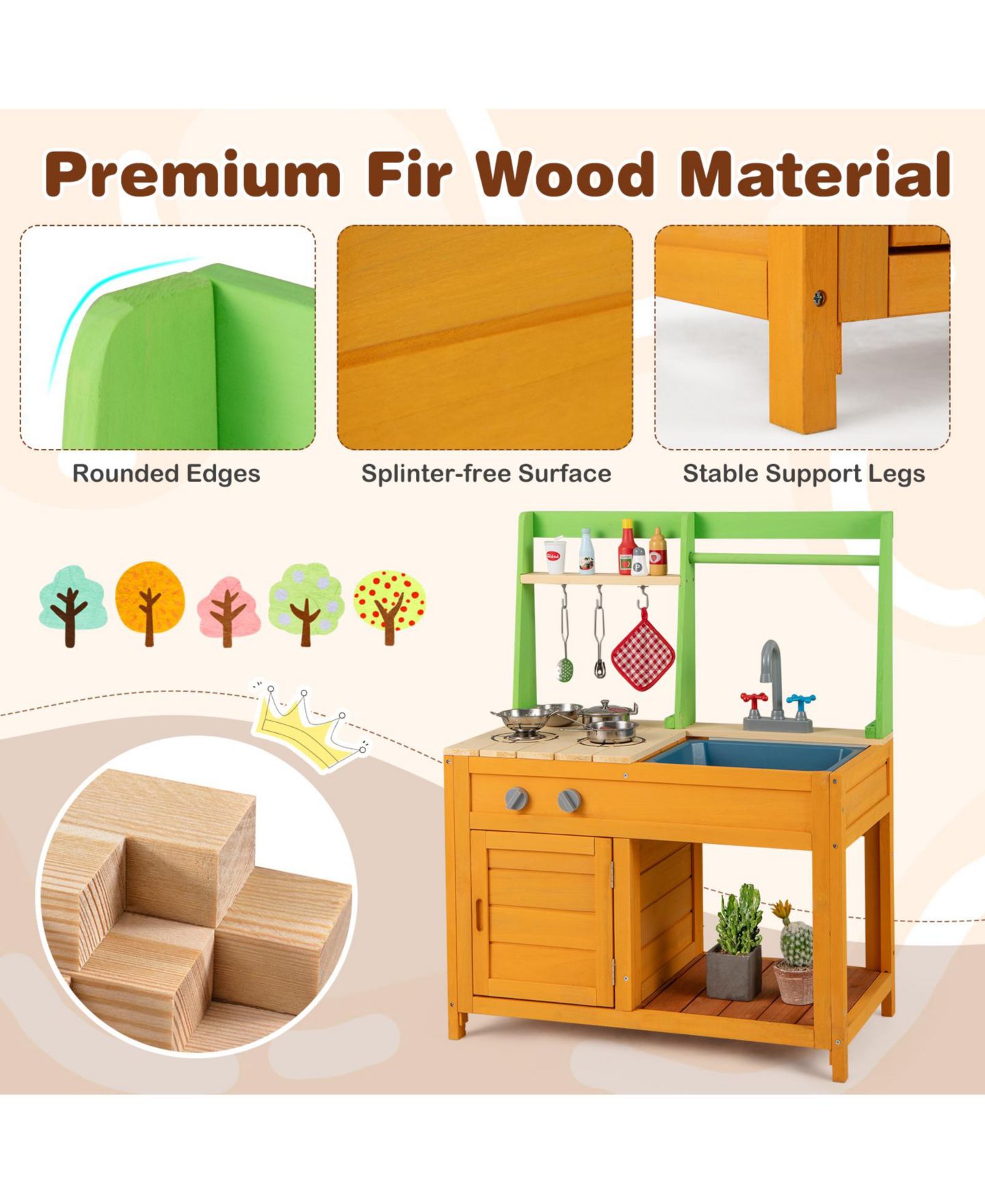 Детский игровой набор HONGGE Outdoor Wooden Mud Kitchen Playset With Sink and Stove, Ages 3+, цвет: Натуральный — фото 9